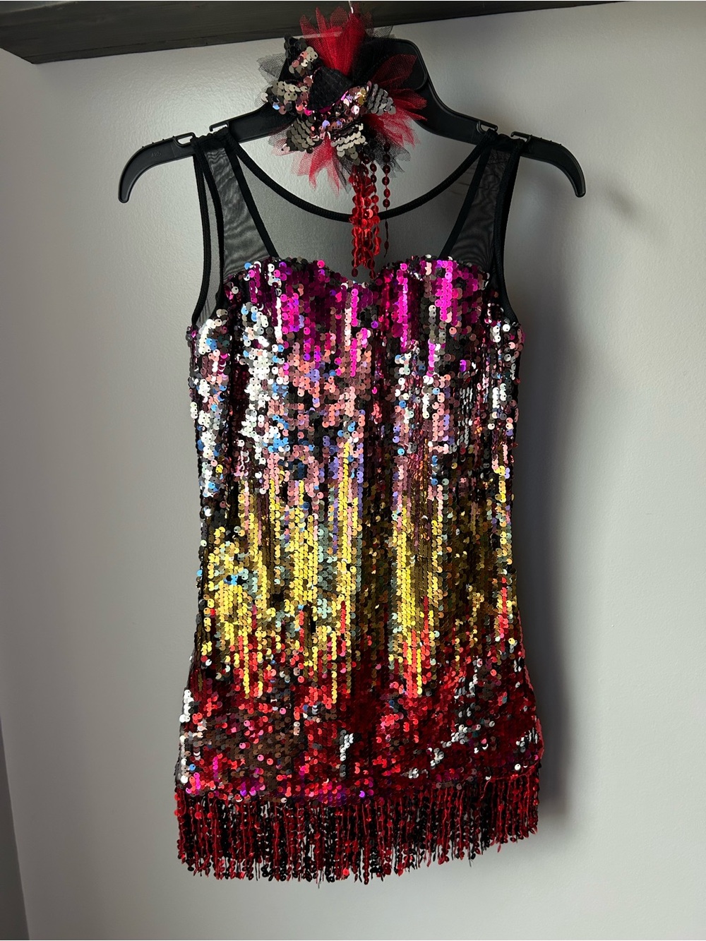 Curtain Call Dance costumeMulticolor Sequin Fringe Mini Dress - Pink, Gold & Red